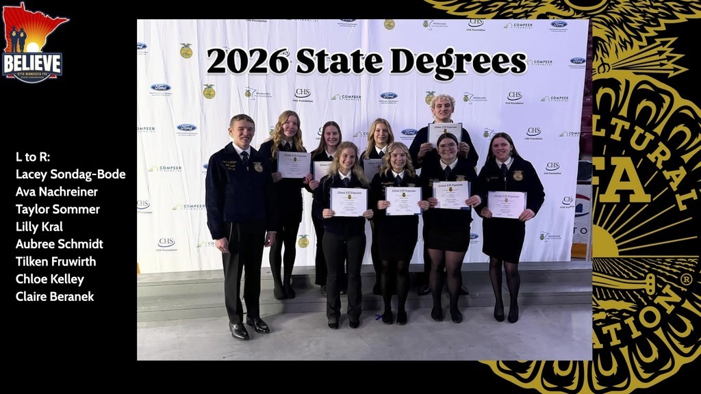 2026 State Degrees: L to R: Lacy S., Ava N., Taylor S., Lily K., Aubree S., Tilken F., Chloe K., Claire B.
