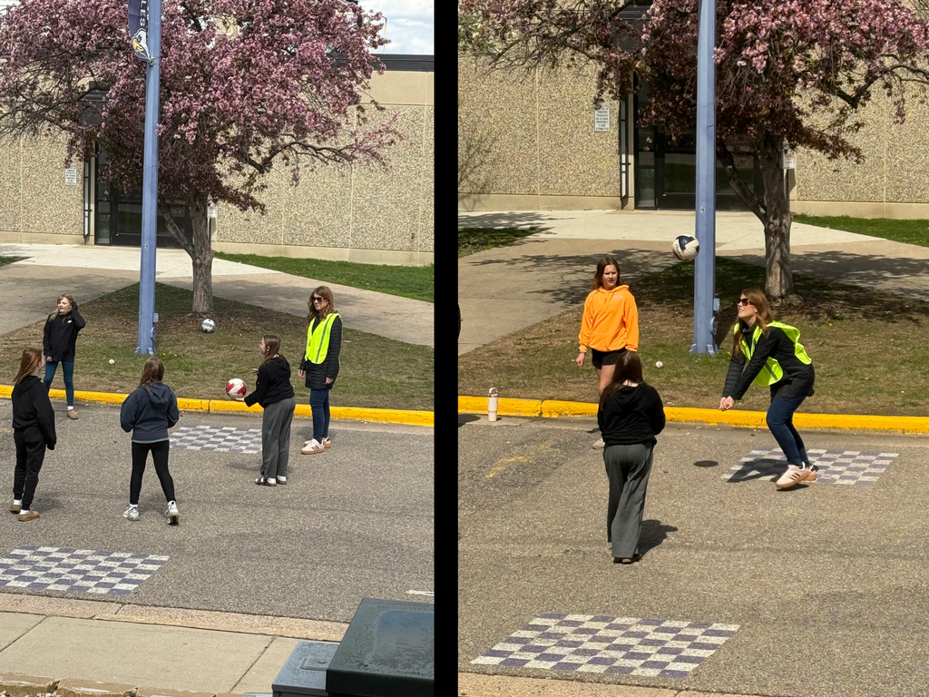 2 photos of Principal Miller outside, playing volleyball with students.