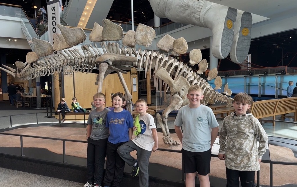 5 boys pose for a picture in front of the stegosaurus skeleton, with 2 boys posing behind.