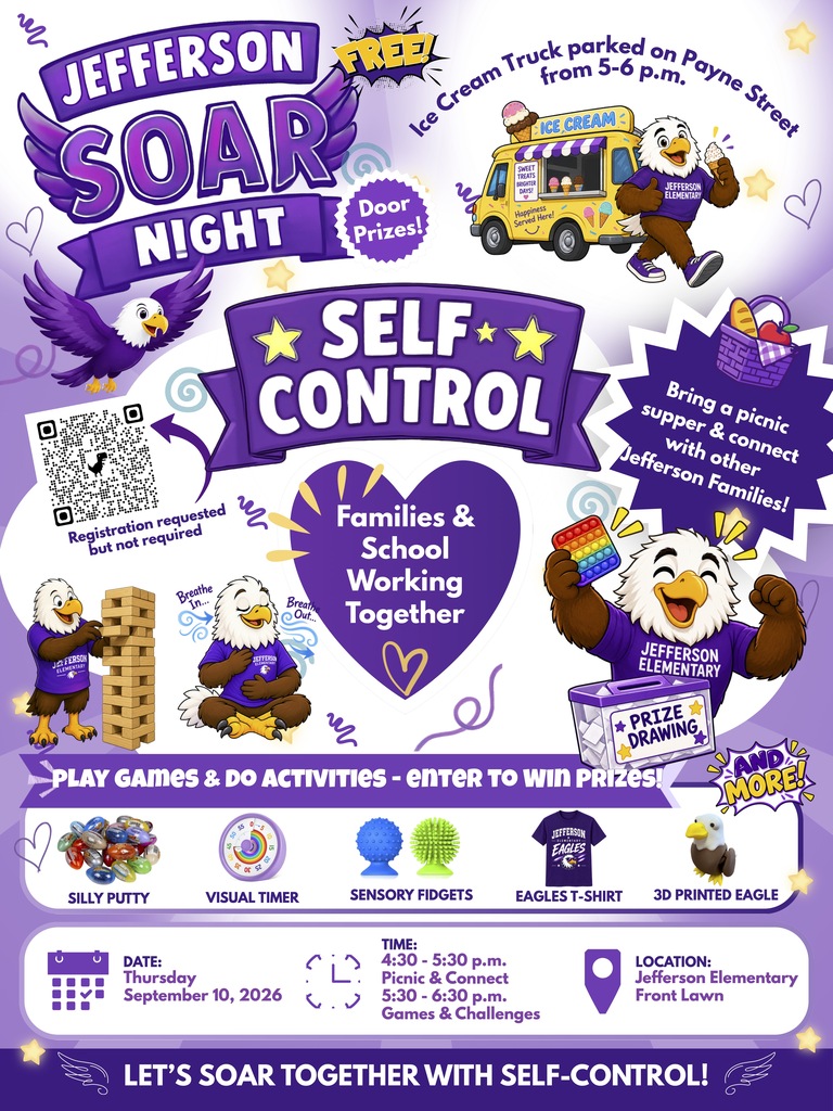 Poster with text "Jefferson Soar Night" and "Self Control" featuring illustrations of eagles, a bus, and families.