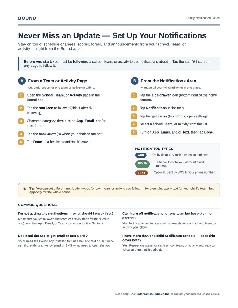 A webpage displays text on setting up notifications, with icons, numbers, and bullet points. A white background and blue text.