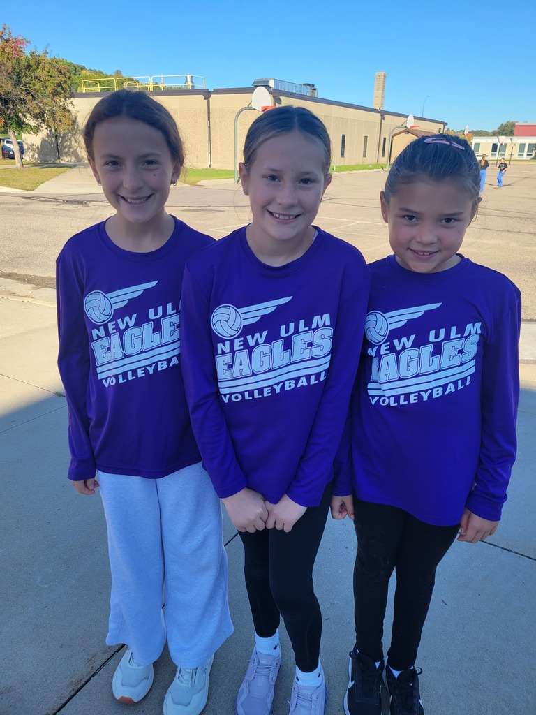 Three girls in purple and white uniforms, with "New Ulm Eagles Volleyball" printed, stand together on a sidewalk.