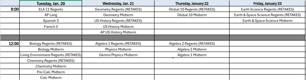 exam schedule