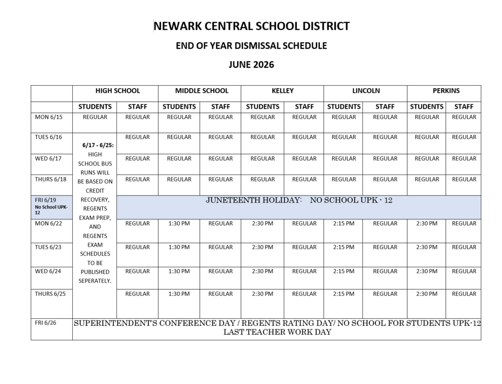 Newark central school district end of year dismissal schedule