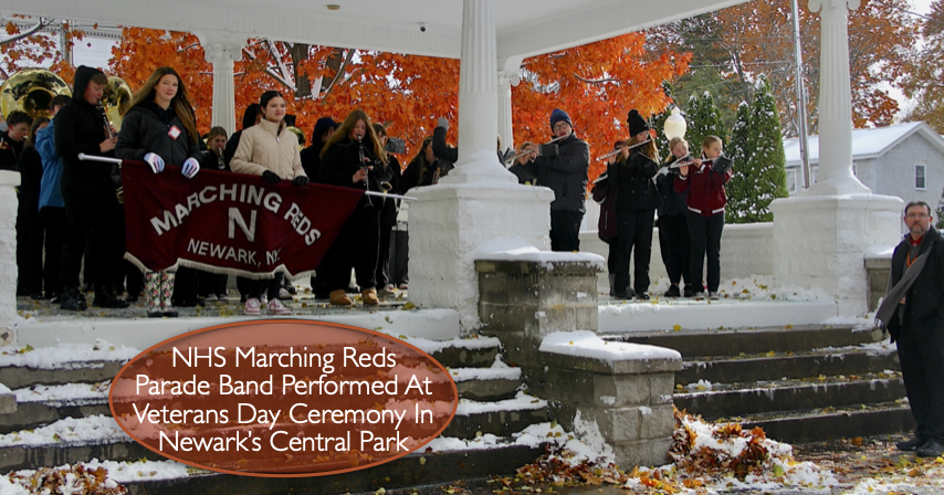 NHS marching reds parade band performed at veterans day ceremony in newark's central park