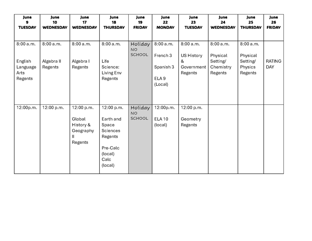 June final exam schedule