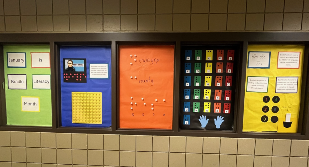 picture of a wall with 5 colorful sections about Braille Month in January 2026. The first box says January is Braille Literacy month. with english words and Braille. The second box is blue and has the history of Braille with the inventor Louis Braille. the third box is the Braille alphabet and the final box  has math Braille called Nemoth.