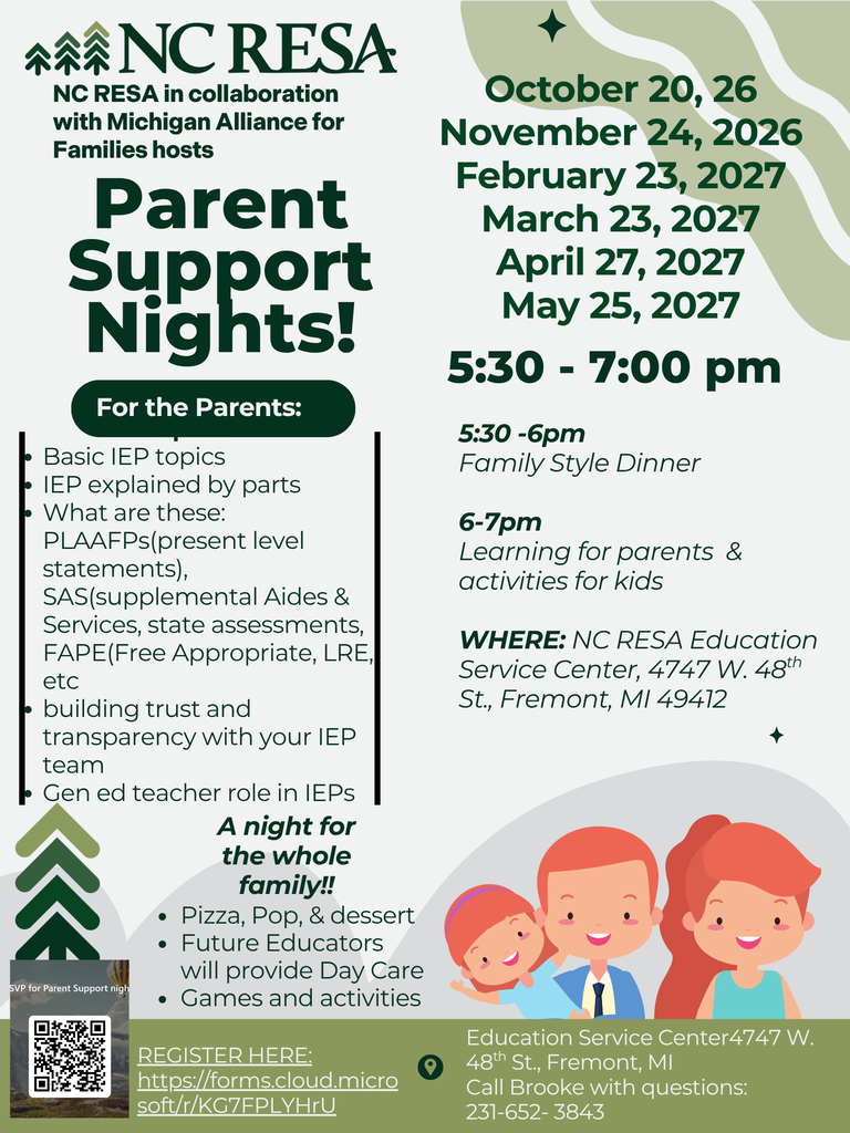 invitation for parent support night this Tuesday, October 20 from 5:30 -7pm at Newaygo County RESA's Education Service Center in Fremont. Learn about Individualized Education Plans. For any family or friend wanting to learn more about special education in schools.