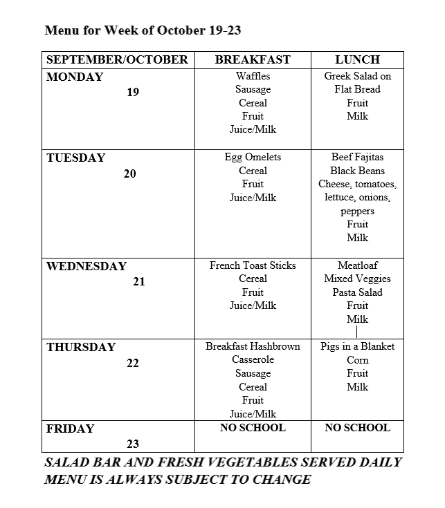 Sept/Oct Menu