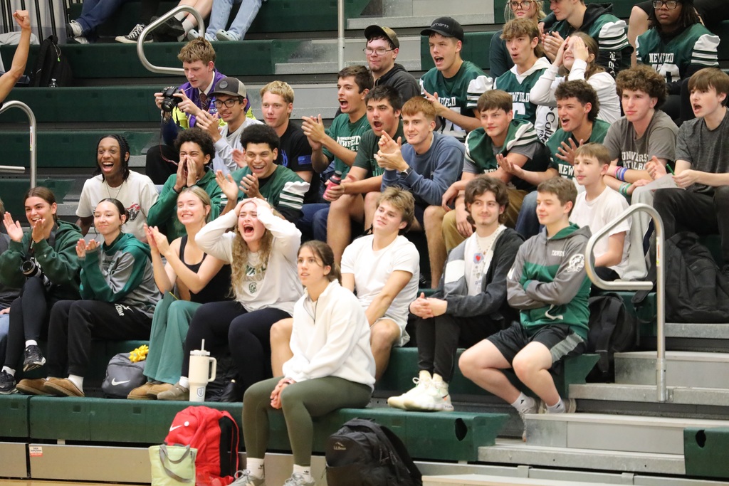 Dozens of students on the bleachers reacting to the pep rally