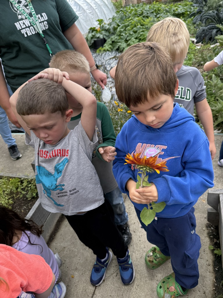 group of students looking at flower