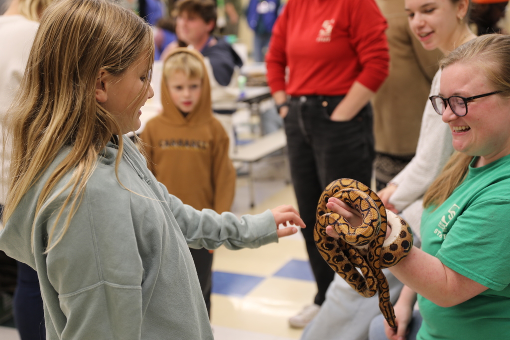 A student reaching out to touch a snake