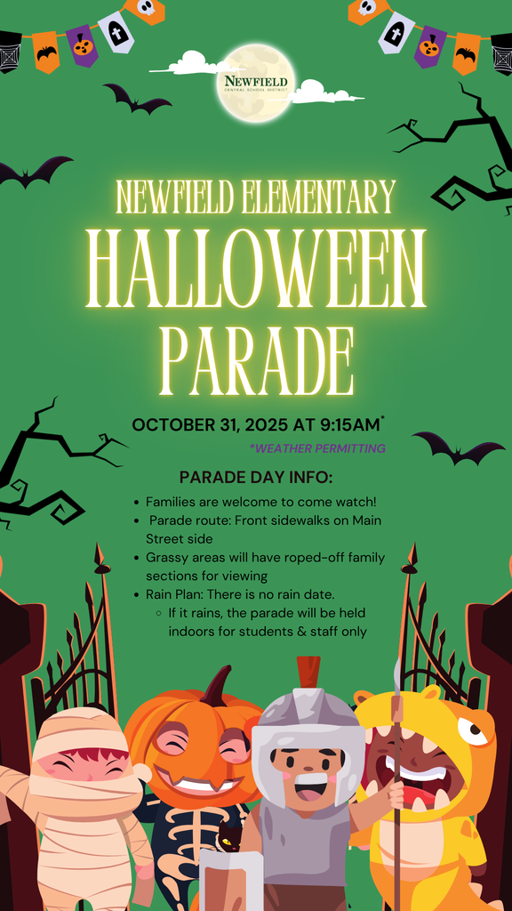 NCSD Halloween Parade graphic- October 31, 2025 at 9:15am - Parade Day Info: Families are welcome to come watch!  Parade route: Front sidewalks on Main Street side Grassy areas will have roped-off family sections for viewing Rain Plan: There is no rain date. If it rains, the parade will be held  indoors for students & staff only