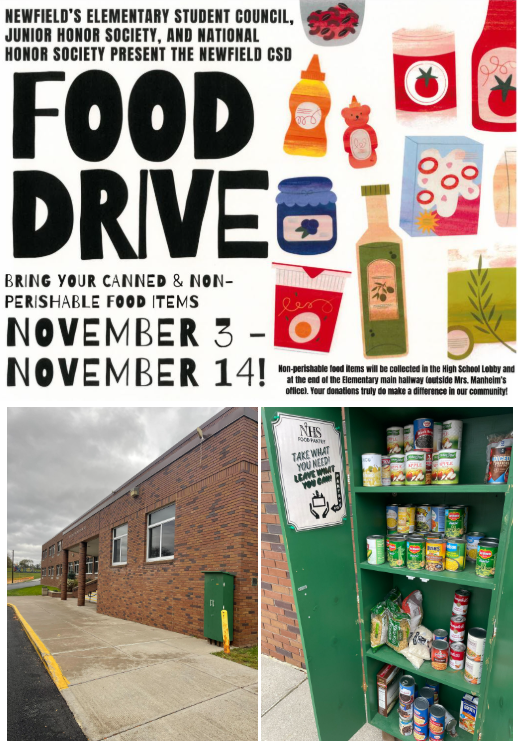 Flyer titled “Newfield CSD Food Drive.” Illustrated cans, jars, and boxes of food surround bold text announcing that the drive runs November 3–14. The flyer states that non-perishable food items can be dropped off in the High School Lobby or outside Mrs. Manheim’s office in the Elementary hallway, and that donations make a difference in the community. Organized by the Elementary Student Council, Junior Honor Society, and National Honor Society.
