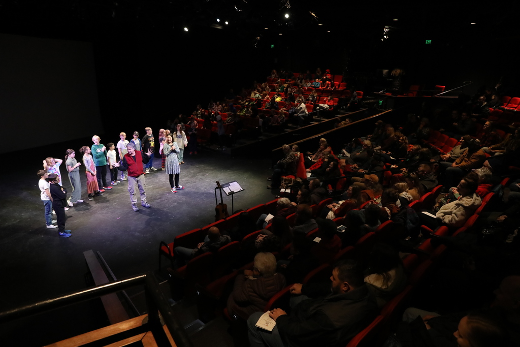 A wide photo of the entire theatre watching the show