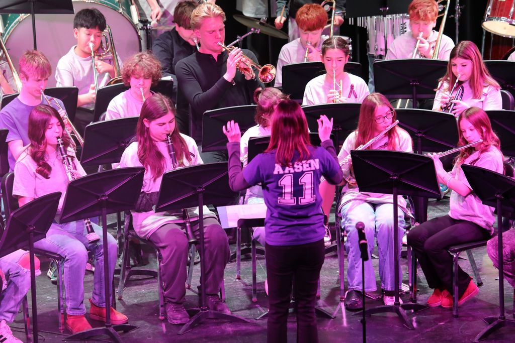 the conductor of the song and some band members on stage
