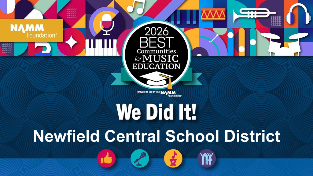 Colorful promotional graphic from the NAMM Foundation celebrating “2026 Best Communities for Music Education.” The design features musical icons (microphone, keyboard, trumpet, drums, headphones) and bold text reading “We Did It! Newfield Central School District.”