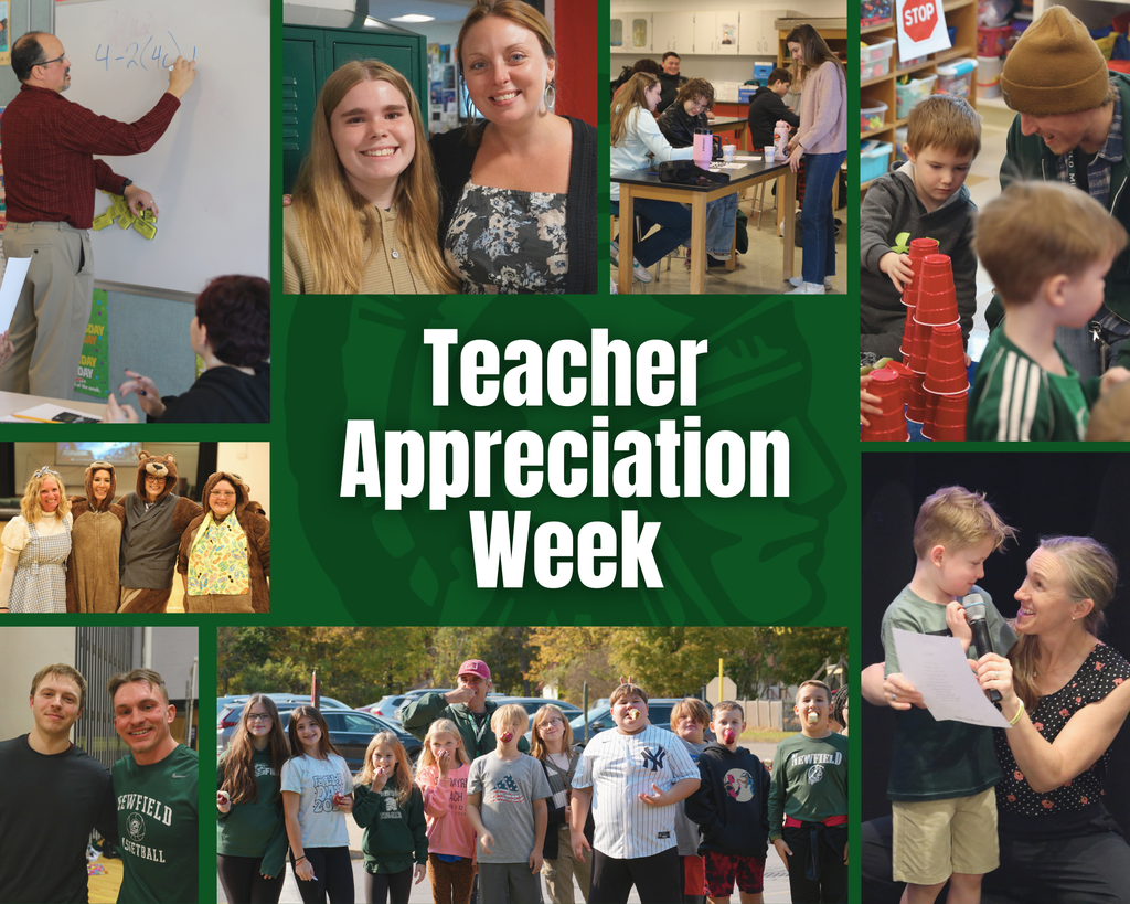 Collage-style Newfield Central School District Teacher Appreciation Week graphic featuring photos of teachers and students interacting in classrooms, school activities, and events. Images include teachers working with students, smiling classroom moments, elementary and secondary students participating in activities, and staff connecting with children. Large centered text reads “Teacher Appreciation Week” on a green background with Newfield colors throughout the design.
