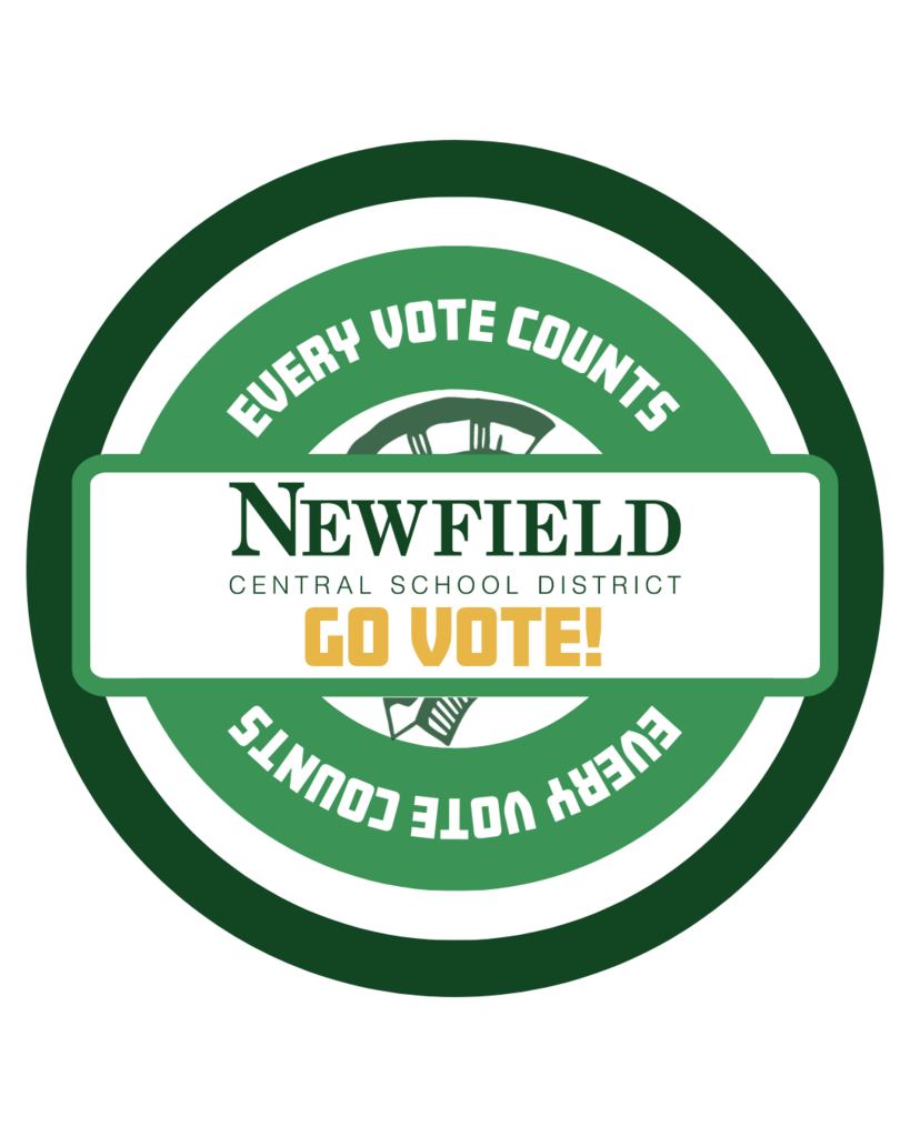 Circular green and white graphic promoting the Newfield Central School District budget vote. The design features the words “Every Vote Counts” repeated around the circle with a faded Trojan logo in the background. A white banner across the center reads “Newfield Central School District GO VOTE!” in green and gold text.