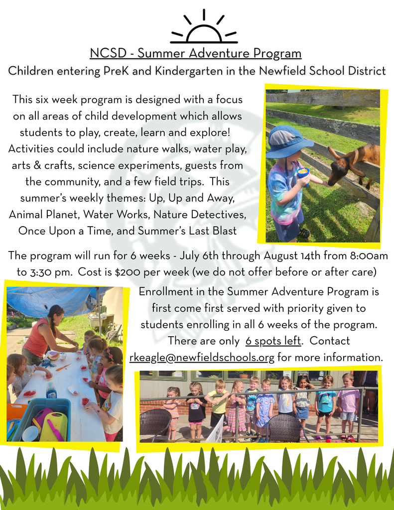 Flyer for the NCSD Summer Adventure Program for children entering PreK and Kindergarten in the Newfield School District. The flyer describes a six-week summer program focused on play, creativity, learning, and exploration through activities such as nature walks, water play, arts and crafts, science experiments, community guests, and field trips. Weekly themes include “Up, Up and Away,” “Animal Planet,” “Water Works,” “Nature Detectives,” “Once Upon a Time,” and “Summer’s Last Blast.” The program runs July 6 through August 14 from 8:00 a.m. to 3:30 p.m. at a cost of $200 per week, with no before or after care. Enrollment is first come, first served, with priority for students attending all six weeks, and only six spots remain. Contact information listed is rkeagle@newfieldschools.org . The flyer includes photos of young children participating in outdoor activities, including feeding a goat, doing crafts at a table, and standing together outside. Decorative grass graphics line the bottom of the flyer.