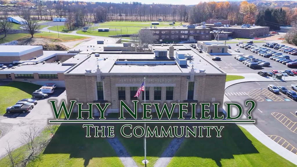a still frame from the video showing the title "Why Newfield: The Community" over a drone shot of the entire campus