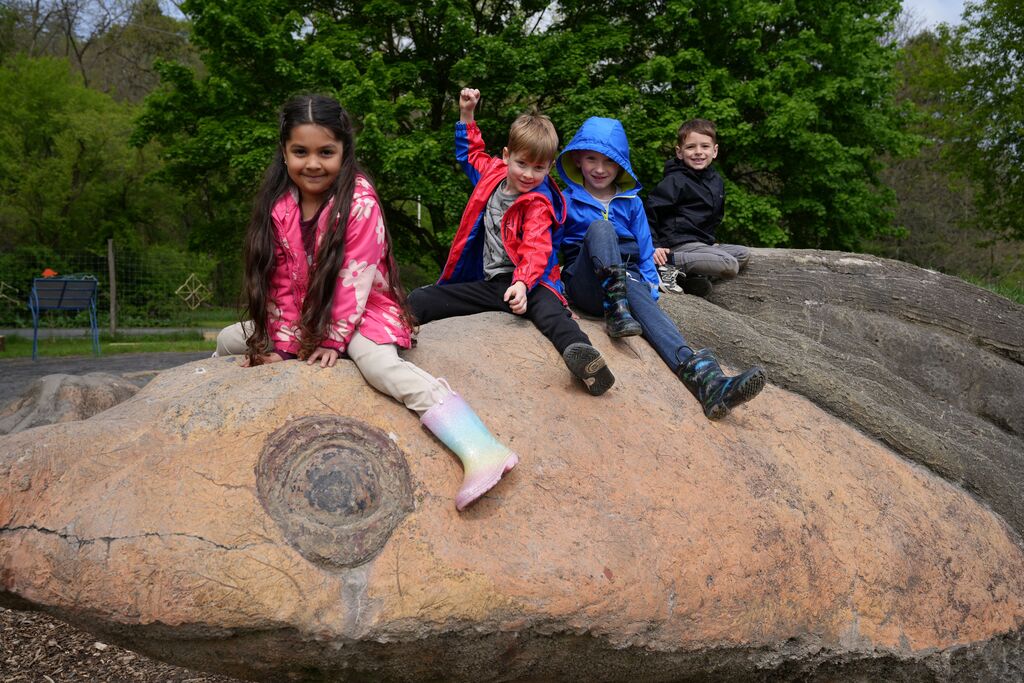 four kids sitting on top of a turtle shaped rock