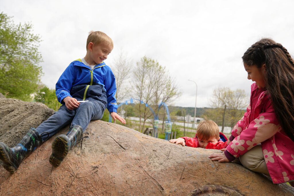 a student pretending to fall down off the turtle rock