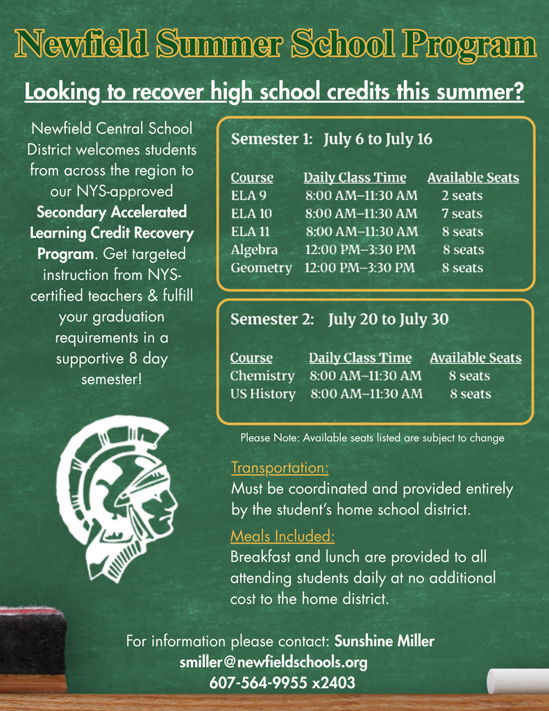 Need to recover high school credits this summer? ☀️📚 Newfield Central School District’s NYS-approved Secondary Accelerated Learning Credit Recovery Program offers students the opportunity to earn a full year’s credit in just 8 days with support from NYS-certified teachers. Courses are filling up quickly, with limited seats remaining! Breakfast and lunch are included daily for all attending students. Summer is a great time to get back on track for graduation! 🎓 For more information, contact Sunshine Miller at smiller@newfieldschools.org or 607-564-9955 x2403 #NewfieldPride #NCSDcommunity