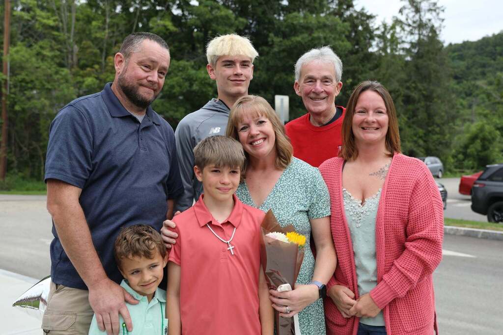 a family posing for a camera