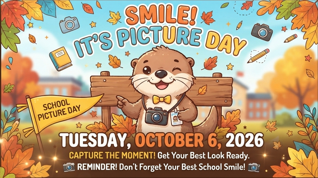 A colorful fall-themed school picture day graphic featuring a smiling cartoon otter holding a camera and standing in front of a wooden bench. Autumn leaves surround the scene, with cameras, pencils, and school-themed illustrations throughout. Text reads: “Smile! It’s Picture Day,” “School Picture Day,” “Tuesday, October 6, 2026,” and “Capture the Moment! Get Your Best Look Ready. Reminder! Don’t Forget Your Best School Smile!”