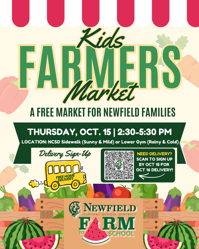 Promotional graphic for the Kids Farmers Market, a free market for Newfield families. Event date is Thursday, October 15, from 2:30 to 5:30 PM. Location is the NCSD Sidewalk during sunny and mild weather, or the Lower Gym during rainy and cold weather. Features a yellow school bus icon labeled "Free Home Delivery" and a QR code with instructions: "Need Delivery? Scan to sign up by Oct 15 for Oct 16 delivery!" Decorative illustrations of fresh vegetables and the Newfield CSD Farm to School logo are at the bottom.