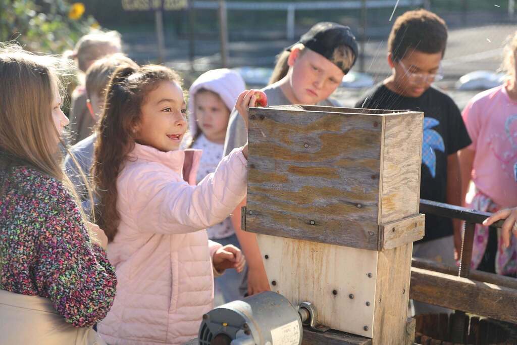 a girl putting an apple into an apple press
