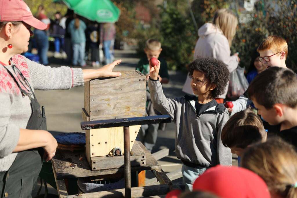 a student putting an apple into the apple press