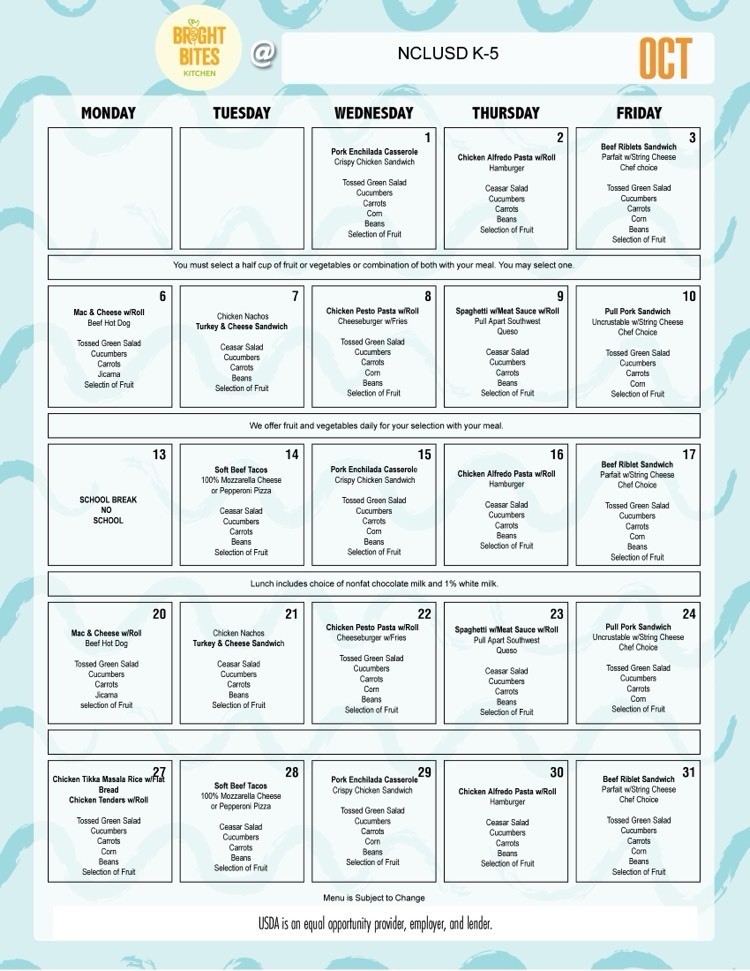 image of October lunch menu