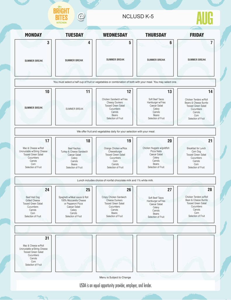 August Lunch Menu Flyer