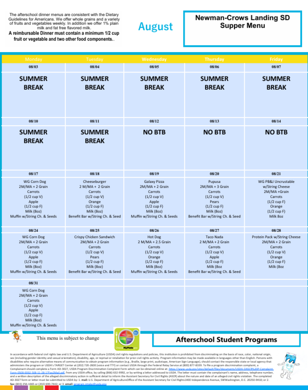 August Supper Menu