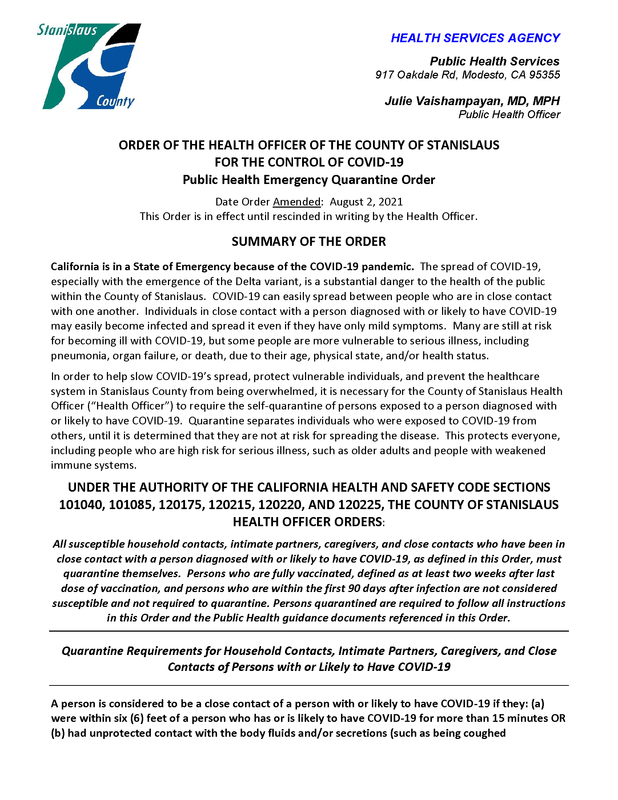 SCPHS Quarantine Order August 2 2021