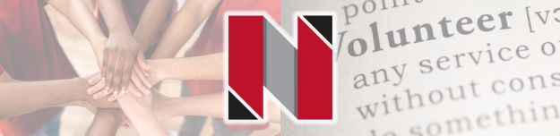 Multiple hands stacked together in teamwork on the left, with a red and black ‘N’ logo in the center, and a blurred background of the word ‘volunteer’ on the right