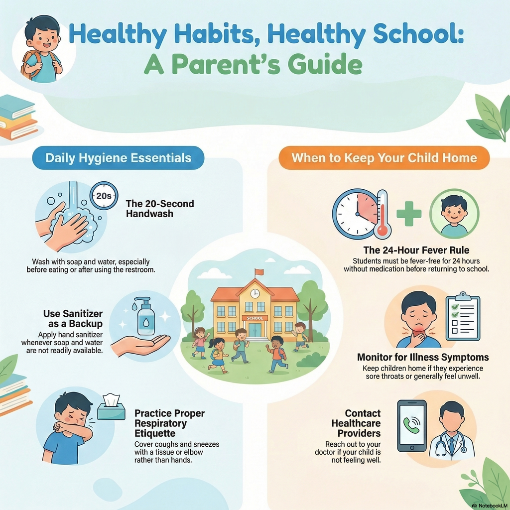 Infographic reminding parents to keep sick children home, wash hands for 20 seconds, use sanitizer, cover coughs and sneezes, and follow the 24-hour fever rule before returning to school.