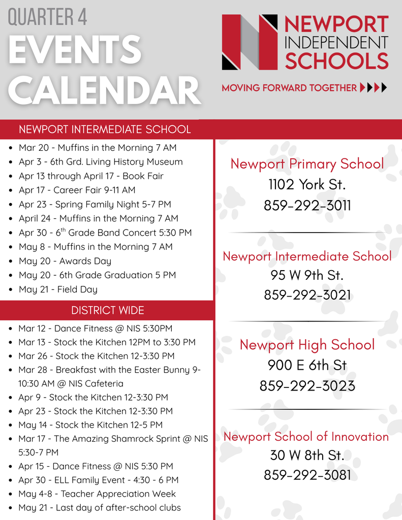 Calendario de eventos del cuarto trimestre de Newport Independent Schools con actividades en Newport Primary School, Newport Intermediate School, Newport High School y eventos del distrito desde marzo hasta mayo.