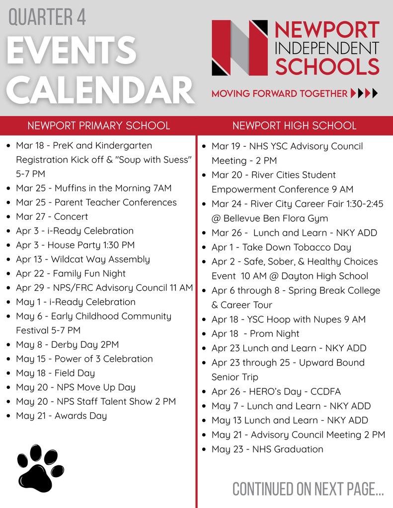 Quarter 4 events calendar for Newport Independent Schools listing activities at Newport Primary School, Newport Intermediate School, Newport High School, and district-wide events from March through May.