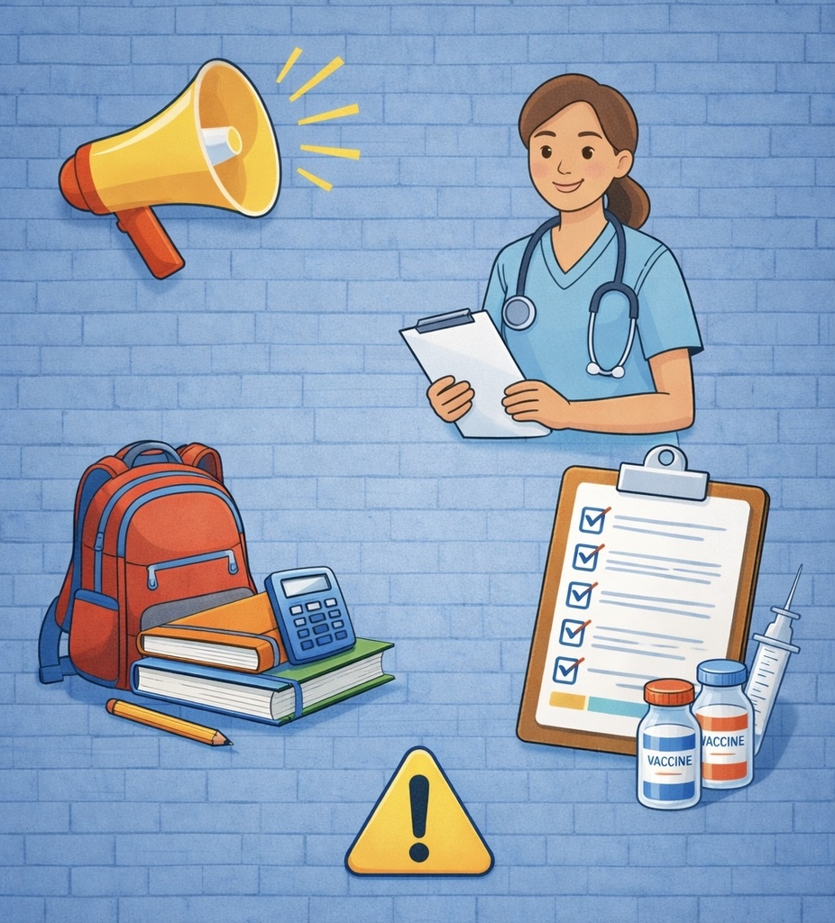 Illustration showing a school nurse with a clipboard, a megaphone, a backpack with school supplies, a checklist, vaccine bottles and a syringe, and a caution symbol, representing a health reminder for students entering the next grade.