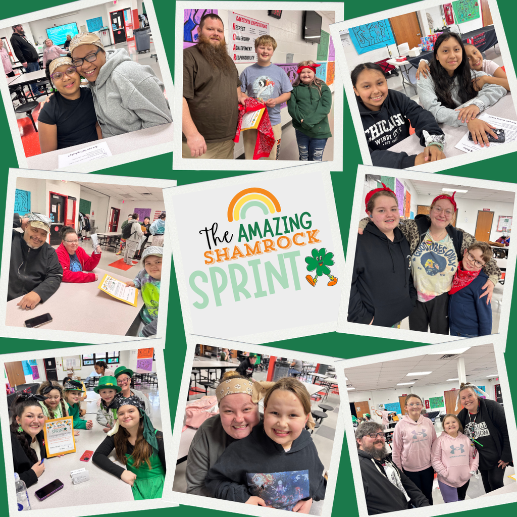 A collage of photos from a school family event called “The Amazing Shamrock Sprint.” The images show students, families, and school staff smiling, posing together, and participating in activities inside a school cafeteria and classrooms. Many participants are wearing green or St. Patrick’s Day accessories like hats, beads, and bandanas. Some photos show teams working on papers or clues at tables, while others show volunteers helping, serving food, or running activity stations. The center of each collage includes a logo that reads “The Amazing Shamrock Sprint” with a rainbow and shamrock graphic. The overall atmosphere is cheerful, welcoming, and focused on teamwork and community involvement.