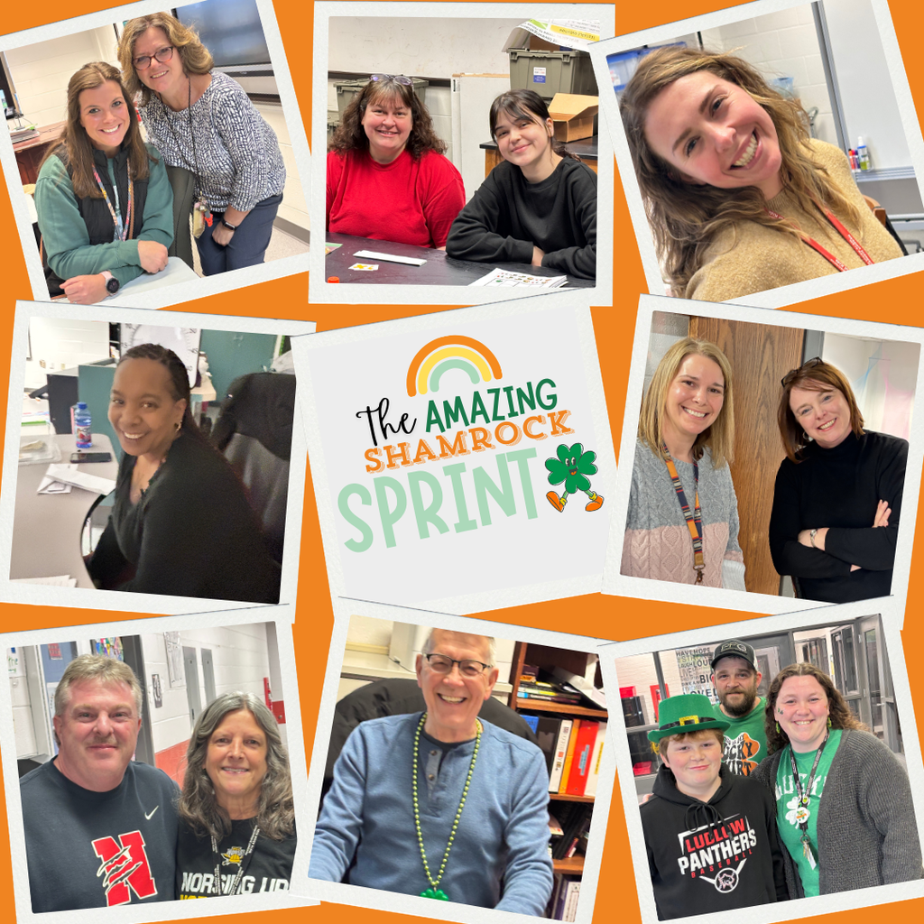 A collage of photos from a school family event called “The Amazing Shamrock Sprint.” The images show students, families, and school staff smiling, posing together, and participating in activities inside a school cafeteria and classrooms. Many participants are wearing green or St. Patrick’s Day accessories like hats, beads, and bandanas. Some photos show teams working on papers or clues at tables, while others show volunteers helping, serving food, or running activity stations. The center of each collage includes a logo that reads “The Amazing Shamrock Sprint” with a rainbow and shamrock graphic. The overall atmosphere is cheerful, welcoming, and focused on teamwork and community involvement.