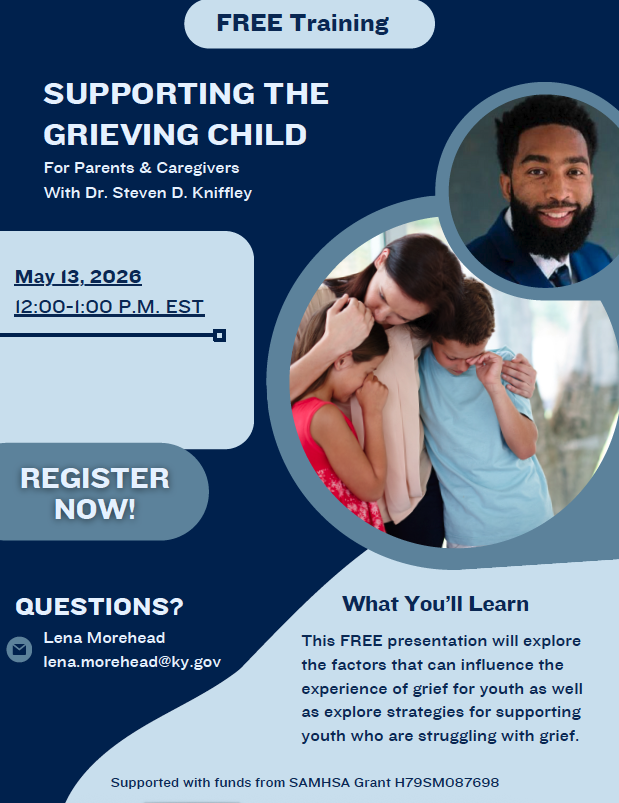Flyer showing free virtual parent and caregiver trainings offered in April and May, including topics on parenting, grief support, and behavior management, with dates, times, and registration links.