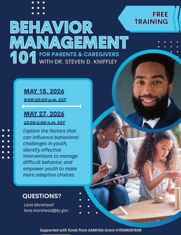 Flyer showing free virtual parent and caregiver trainings offered in April and May, including topics on parenting, grief support, and behavior management, with dates, times, and registration links.