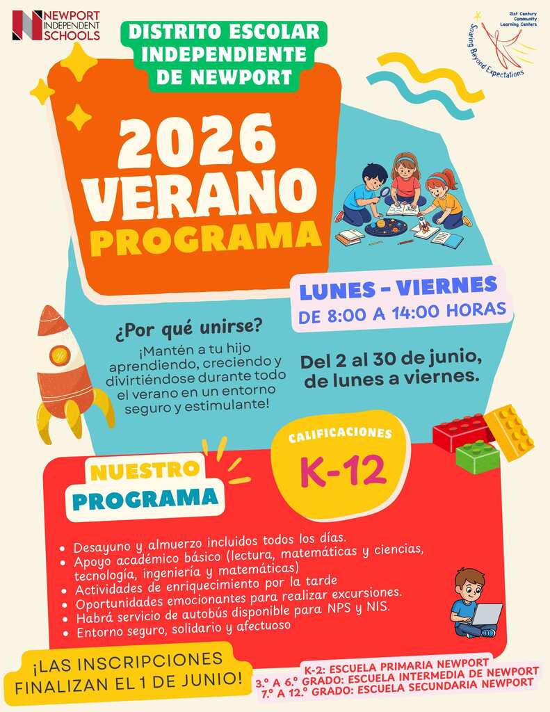 Volante colorido del Programa de Verano 2026 de las Escuelas Independientes de Newport con gráficos divertidos de verano y detalles del programa para estudiantes de grados K-12. El volante incluye las fechas del 2 al 30 de junio, de lunes a viernes de 8:00 a. m. a 2:00 p. m., desayuno y almuerzo gratis, apoyo académico, actividades de enriquecimiento, excursiones y opciones de transporte. También incluye correos electrónicos de contacto para Newport Primary, Newport Intermediate y Newport High School.