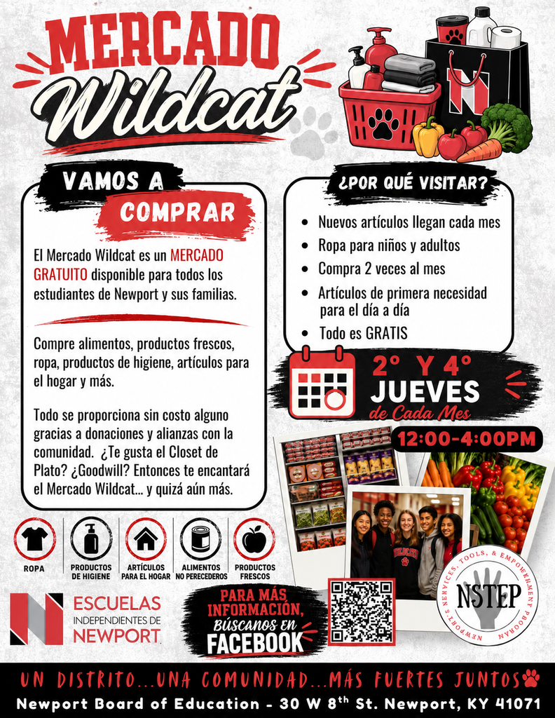 Folleto informativo de Wildcat Market con un diseño en rojo, negro y blanco. Explica que Wildcat Market es un mercado de compras gratuito para los estudiantes de Newport y sus familias, que ofrece alimentos, productos frescos, ropa, productos de higiene, artículos para el hogar y más. El folleto destaca que está abierto el segundo y cuarto jueves de cada mes, de 12:00 a 4:00 p. m., en Newport Board of Education, 30 W. 8th St., Newport, Kentucky. También explica que las donaciones y las alianzas con la comunidad ayudan a proporcionar los artículos sin costo e incluye un código QR de Facebook para obtener más información.