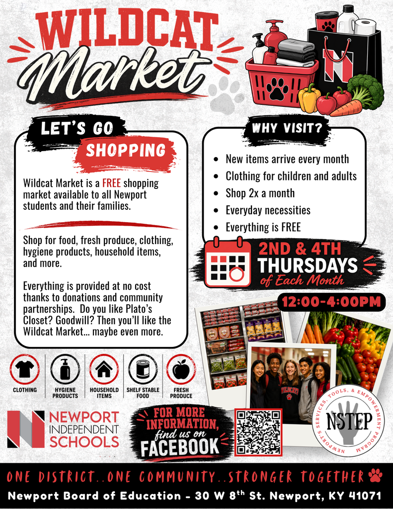 Wildcat Market informational flyer with a red, black, and white design. It explains that Wildcat Market is a free shopping market for Newport students and their families, offering food, fresh produce, clothing, hygiene products, household items, and more. The flyer highlights shopping on the 2nd and 4th Thursdays of each month from 12:00–4:00 PM at the Newport Board of Education, 30 W. 8th St., Newport, Kentucky. It also explains that donations and community partnerships help provide items at no cost and includes a Facebook QR code for more information.
