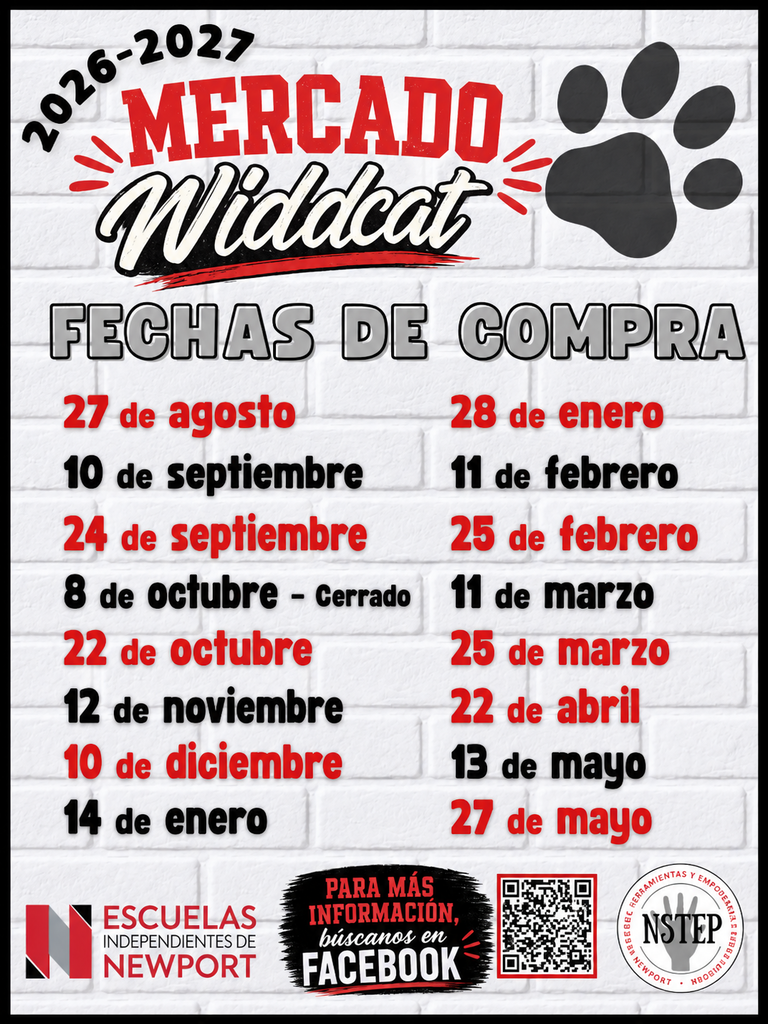 Folleto de las fechas de compras de Wildcat Market para el año escolar 2026–2027, con un fondo de ladrillo blanco, letras rojas, negras y grises, y una huella de Wildcat. Las fechas de compras están indicadas desde el 27 de agosto de 2026 hasta el 27 de mayo de 2027. El 8 de octubre aparece marcado como cerrado. El folleto incluye un código QR e información de Newport Independent Schools.